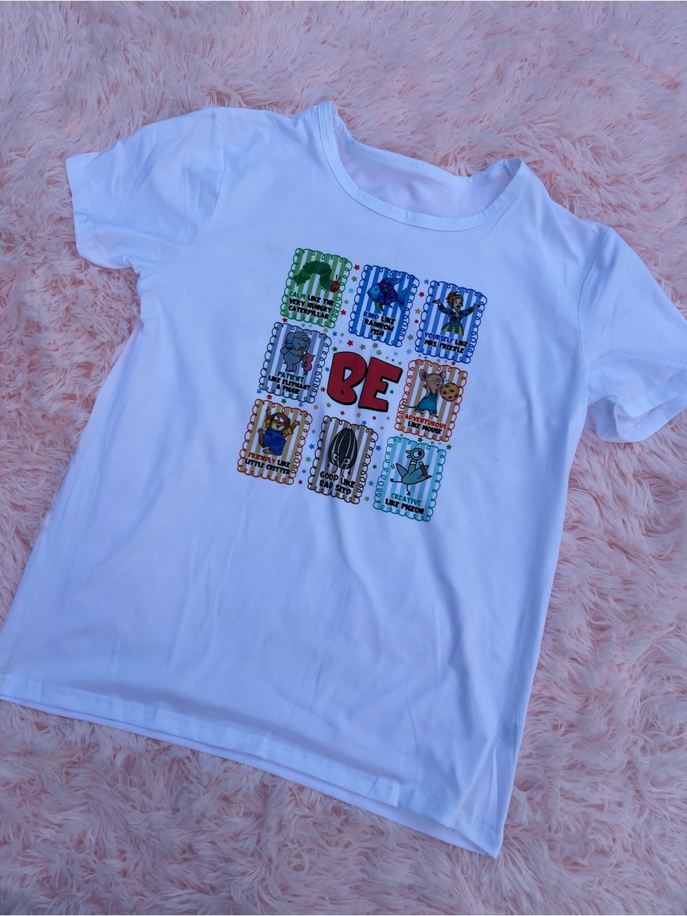 🍎2/$12🍎 White T-Shirt with Colorful Cartoon Stamp Design - Sublimation - S0019C